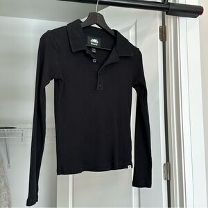 Roots Dark Navy Ribbed Cotton Polo Long Sleeve Women’s Top